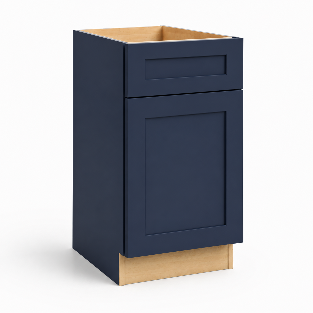 Blue cabinet with wooden base and top on a white background ( USA Cabinets Outlet )