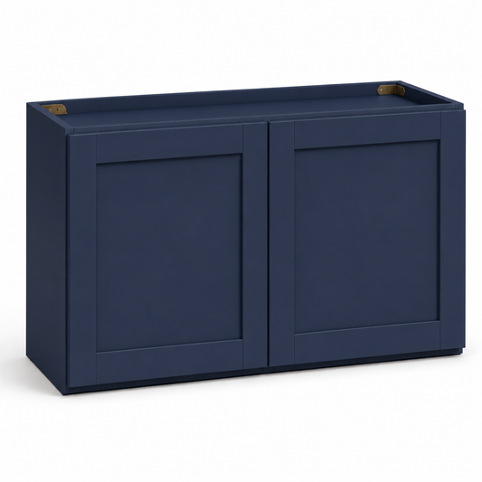 Navy blue storage bin with two doors on a white background | USA Cabinets  Outlet |