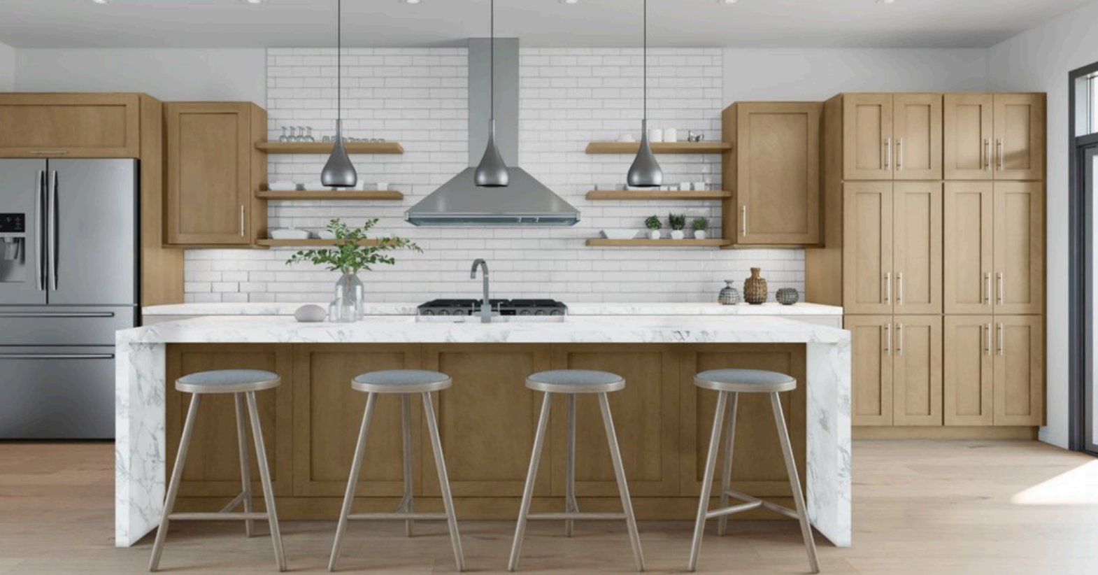 Modern kitchen with marble island, stainless steel appliances, and wooden cabinets ( USA Cabinets Outlet )