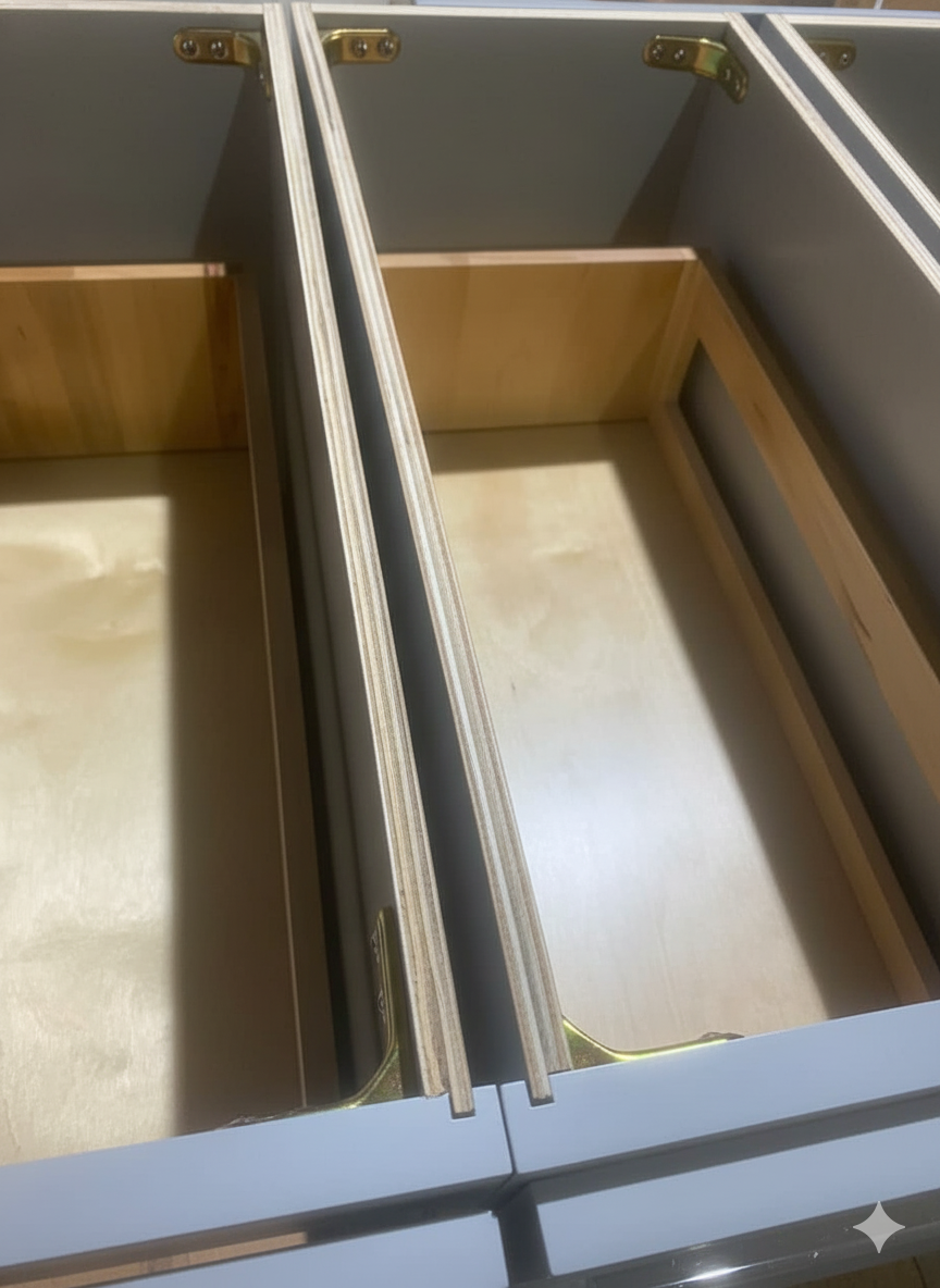 Open wooden drawer with a light wood finish on a marble surface ( USA Cabinets Outlet )