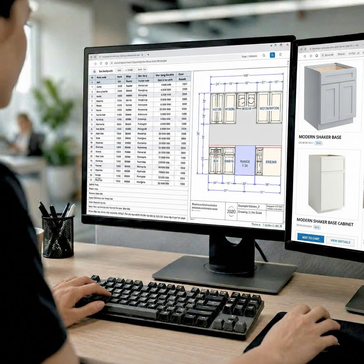 Person working at a desk with two computer monitors displaying design software and product images ( USA Cabinets Outlet )
