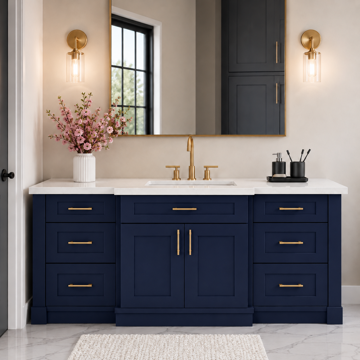 A double-sink bathroom vanity in deep navy blue with gold hardware, a white countertop, and a gold faucet, shown in a styled bathroom setting with a mirror, sconces, and a vase of pink flowers.|USA Cabinets Outlet |