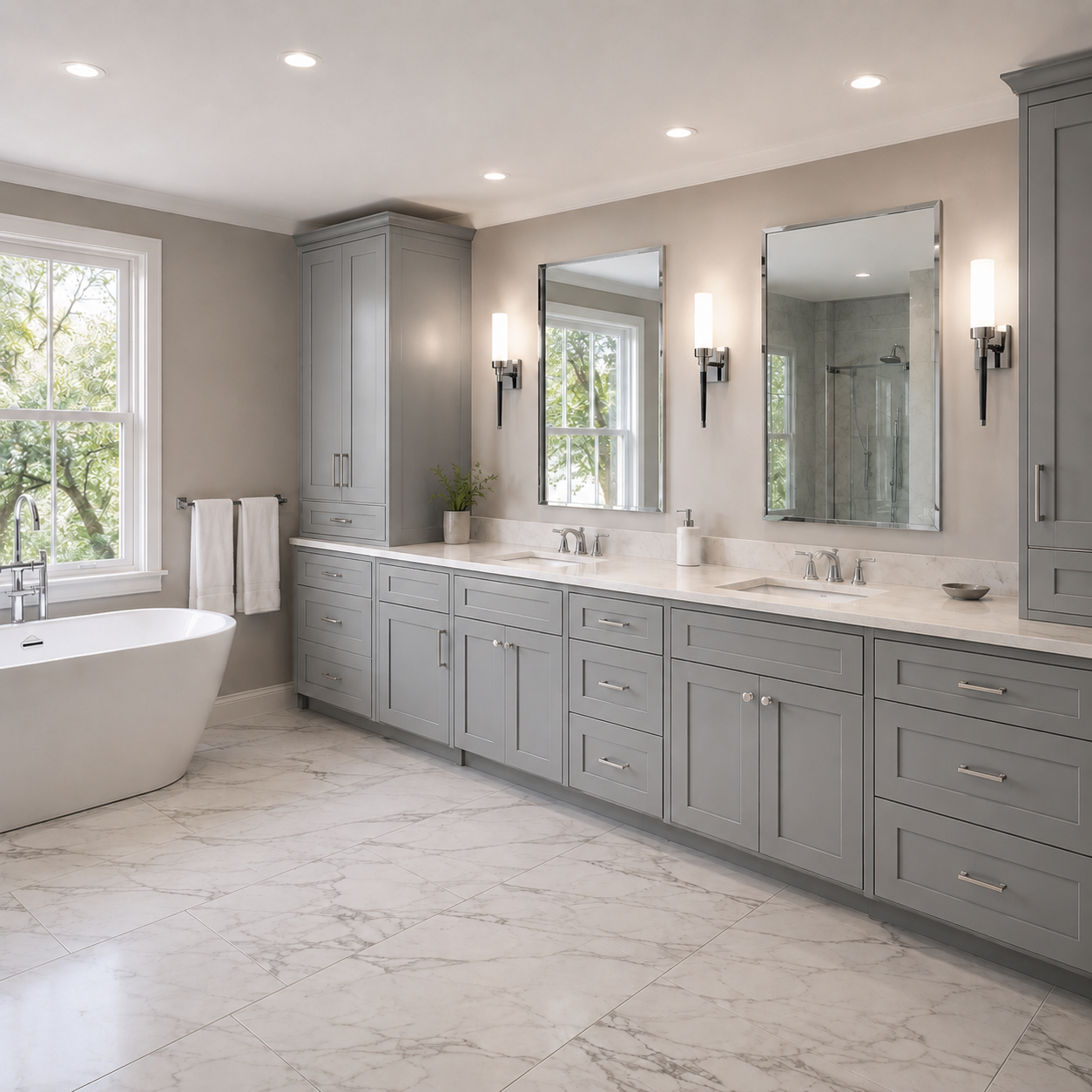A modern double-sink bathroom vanity in light gray shaker-style cabinets with white marble countertops, set in a bright bathroom with a freestanding bathtub, large mirrors, and wall sconces.|USA Cabinets Outlet |