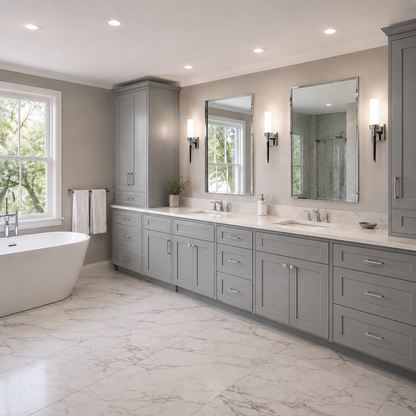 A modern double-sink bathroom vanity in light gray shaker-style cabinets with white marble countertops, set in a bright bathroom with a freestanding bathtub, large mirrors, and wall sconces.|USA Cabinets Outlet |