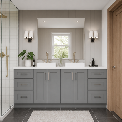 A modern double-sink bathroom vanity in gray shaker-style cabinets with a white countertop, set in a bright bathroom with a large mirror, wall sconces, and a walk-in shower.|USA Cabinets Outlet |