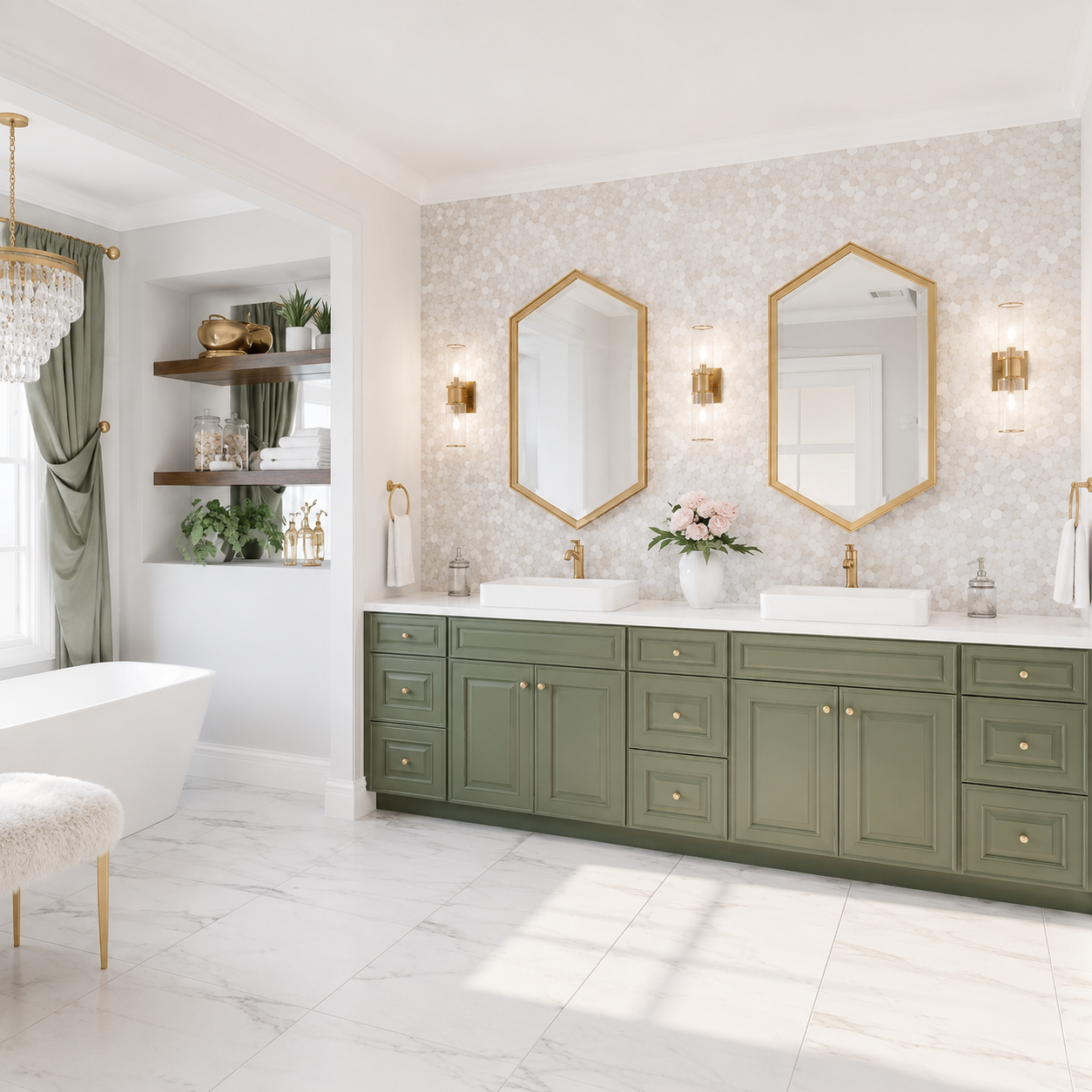 A double-sink bathroom vanity in sage green with white countertops, two gold-framed mirrors, and gold wall sconces, shown in a bright modern bathroom setting.|USA Cabinets Outlet |