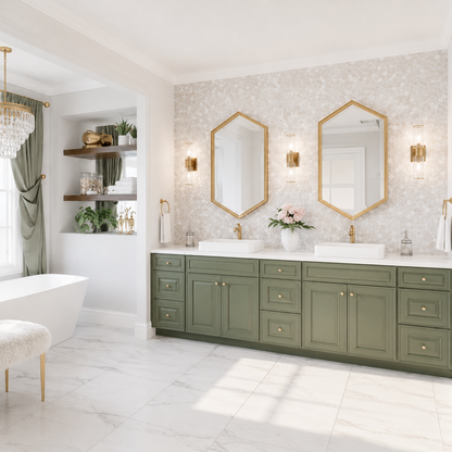 A double-sink bathroom vanity in sage green with white countertops, two gold-framed mirrors, and gold wall sconces, shown in a bright modern bathroom setting.|USA Cabinets Outlet |