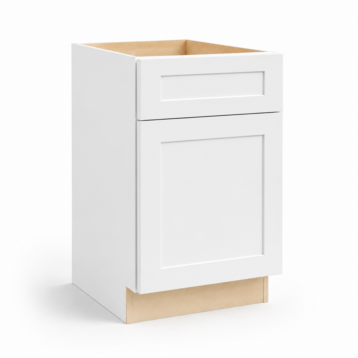 White cabinet with a wooden base and top on a white background ( USA Cabinets Outlet )