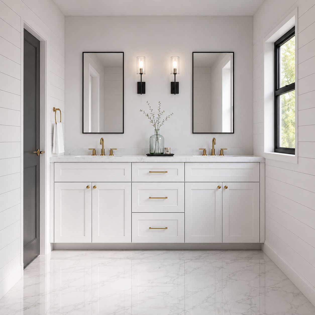 A modern white double-sink bathroom vanity with gold hardware, set against white shiplap walls with two black-framed mirrors and wall-mounted sconces.|USA Cabinets Outlet |