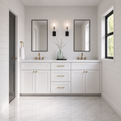 A modern white double-sink bathroom vanity with gold hardware, set against white shiplap walls with two black-framed mirrors and wall-mounted sconces.|USA Cabinets Outlet |