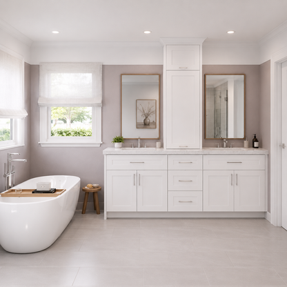 A bright, modern bathroom featuring a white double vanity with two mirrors, a freestanding white bathtub, and light gray tile flooring.|USA Cabinets Outlet |