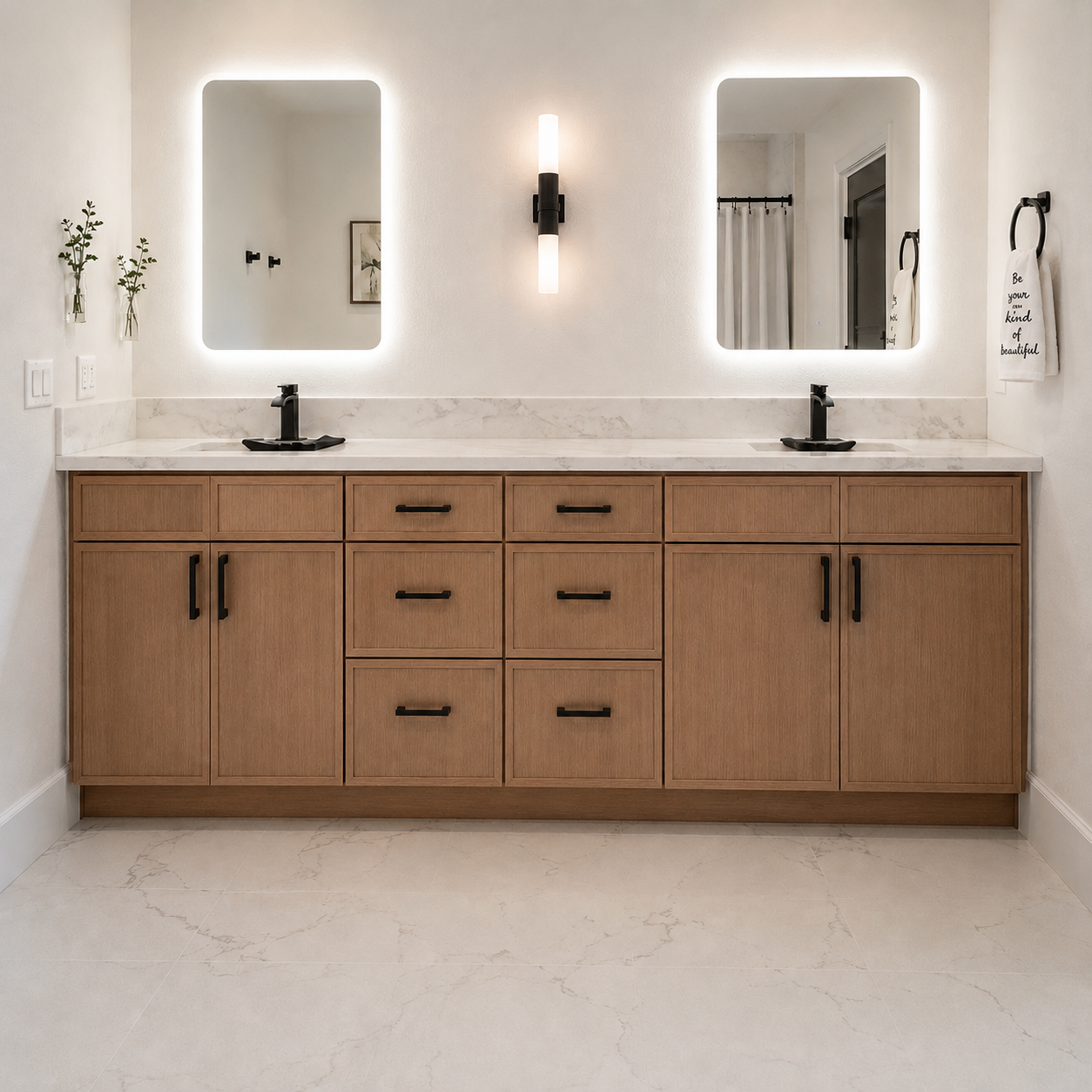 A modern double-sink bathroom vanity featuring light oak wood cabinets, a white marble countertop, matte black faucets, and two illuminated LED-backlit mirrors on a white wall.|USA Cabinets Outlet |