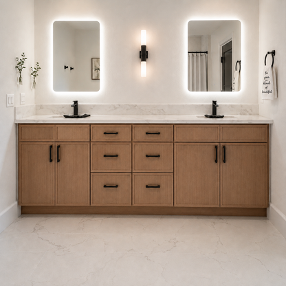 A modern double-sink bathroom vanity featuring light oak wood cabinets, a white marble countertop, matte black faucets, and two illuminated LED-backlit mirrors on a white wall.|USA Cabinets Outlet |