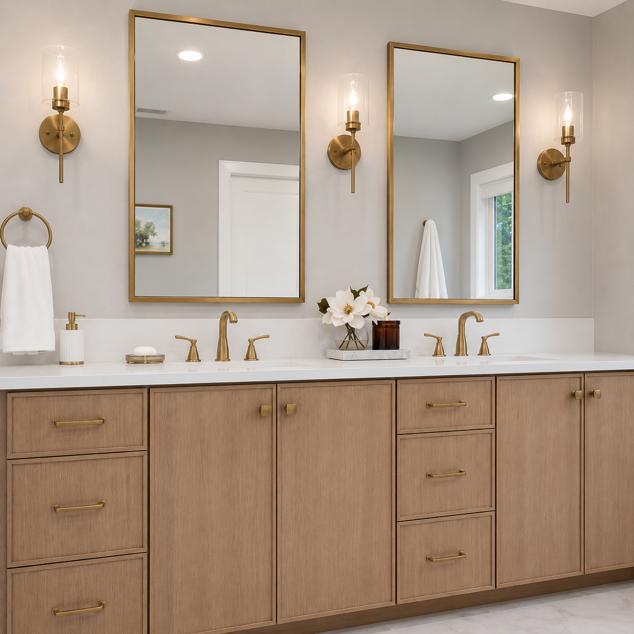 A modern double-sink bathroom vanity with light oak wood cabinets, brass hardware, white countertops, two large mirrors with gold frames, and matching wall sconces.|USA Cabinets Outlet |