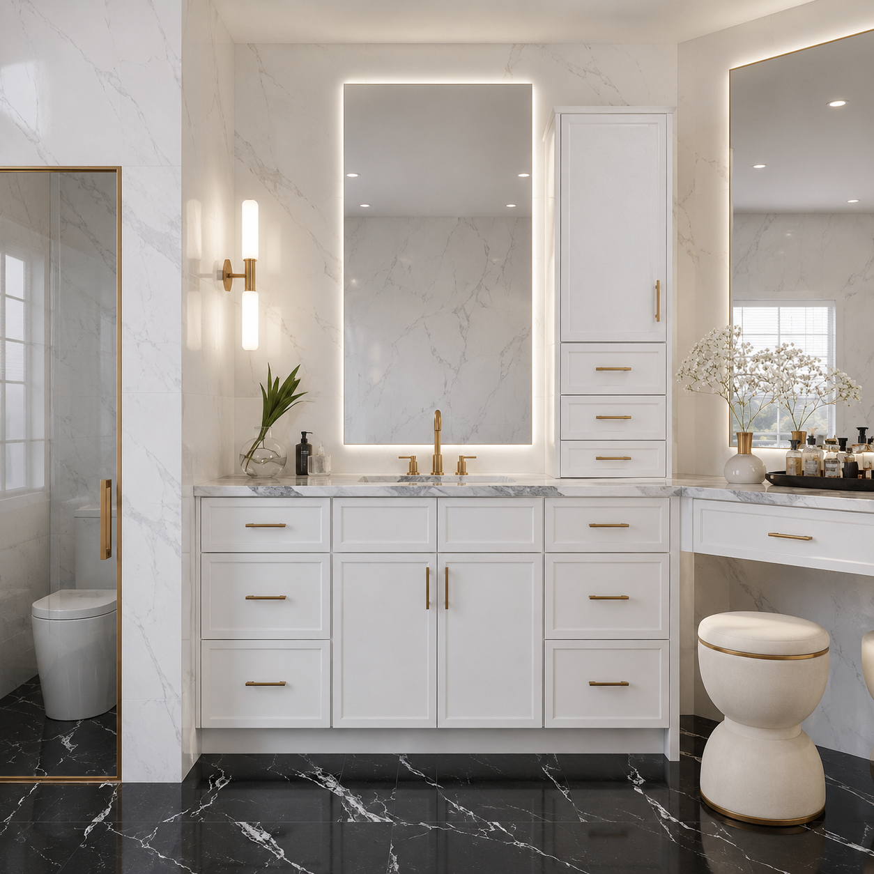 A modern white double-sink bathroom vanity with gold handles, a marble countertop, and a backlit mirror, shown in a luxury bathroom setting with a black marble floor.|USA Cabinets Outlet |
