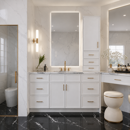 A modern white double-sink bathroom vanity with gold handles, a marble countertop, and a backlit mirror, shown in a luxury bathroom setting with a black marble floor.|USA Cabinets Outlet |