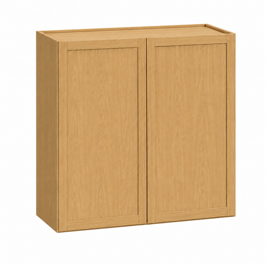 A wall-mounted two-door cabinet in a light oak wood finish, shown from a three-quarter angle on a plain white background.|USA Cabinets Outlet |