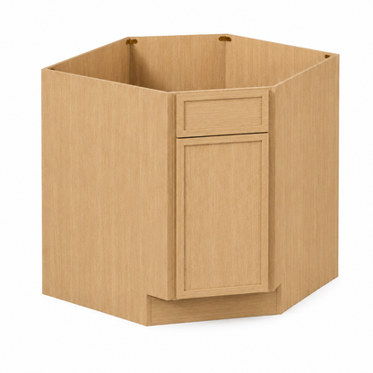 Slim Natural Oak Shaker Corner Sink Base Cabinet with False Drawer