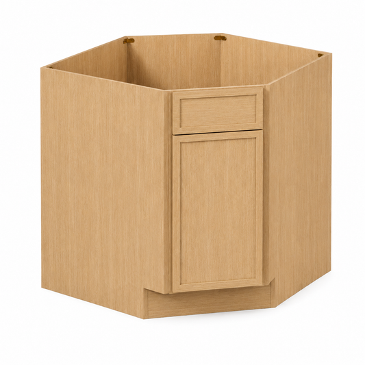 Hexagonal corner kitchen cabinet base in a light natural oak wood finish, featuring one upper drawer and one lower cabinet door, shown on a white background.| USA Cabinets Outlet |