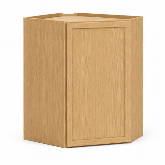 A corner wall cabinet in a light oak wood finish, featuring a recessed single door and an open top, shown on a solid white background.|USA Cabinets Outlet |