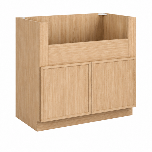 A light oak wood display cabinet with two doors and an open top shelf, shown on a solid white background.| USA Cabinets Outlet |