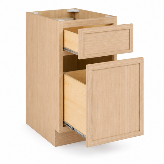 A light oak wood base cabinet with two drawers, one of which is open, showing metal drawer slides, on a white background.| USA Cabinets Outlet |
