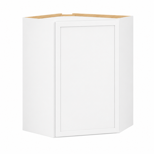 A white corner wall cabinet shown at a three-quarter angle on a clean white background, with the natural wood interior top edge visible.|USA Cabinets Outlet |