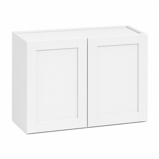 A white double-door wall cabinet with shaker-style paneled doors, shown from a three-quarter angle on a solid white background.|USA Cabinets Outlet |