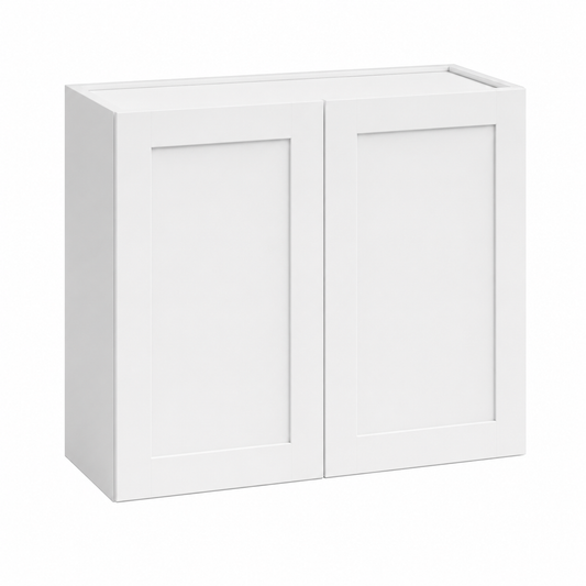 A white double-door wall cabinet with shaker-style panel doors, shown at a three-quarter angle on a solid white background.|USA Cabinets Outlet |