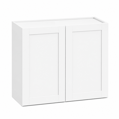 A white wall-mounted cabinet with two shaker-style doors, shown at a slight angle on a plain white background. |USA Cabinets Outlet |