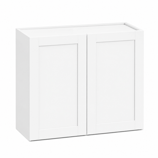 A white wall-mounted cabinet with two shaker-style doors, shown at a slight angle on a plain white background. |USA Cabinets Outlet |
