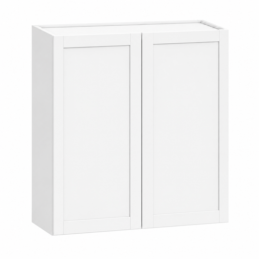 A white  double cabinet with shaker-style paneled doors, shown from a three-quarter angle on a solid white background.|USA Cabinets Outlet |