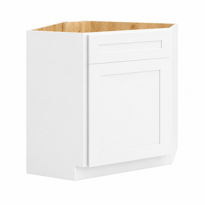 A white wall-mount kitchen cabinet base with a single shaker-style door and an open top showing natural wood interior, isolated on a white background.|USA Cabinets Outlet |