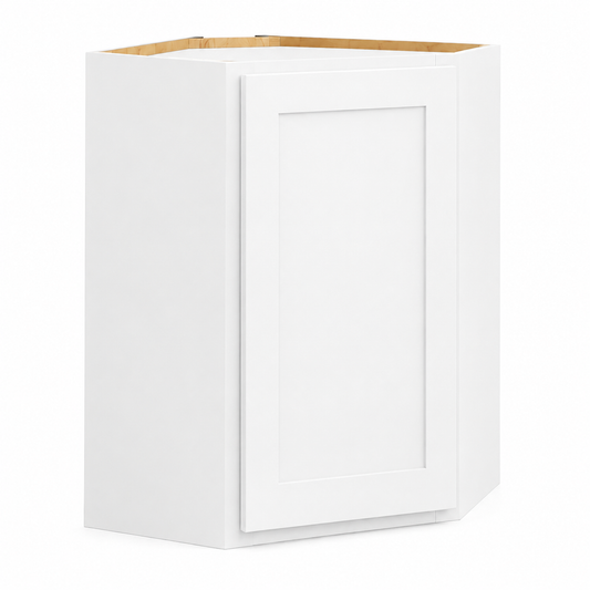 A white corner wall cabinet shown from a three-quarter angle against a plain white background, with a light wood top edge visible.|USA Cabinets Outlet |