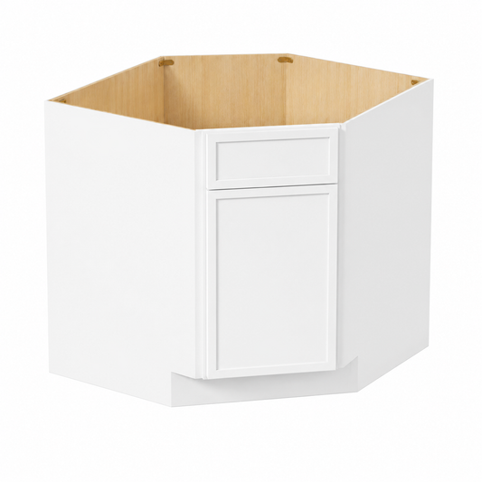 White hexagonal corner kitchen cabinet base with a single front door and a light natural wood interior, shown on a plain white background.|USA Cabinets Outlet |