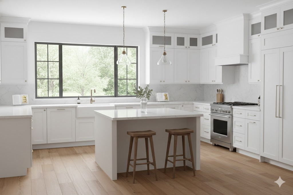 Modern kitchen with white cabinets, island, and wooden stools ( USA Cabinets Outlet ) 