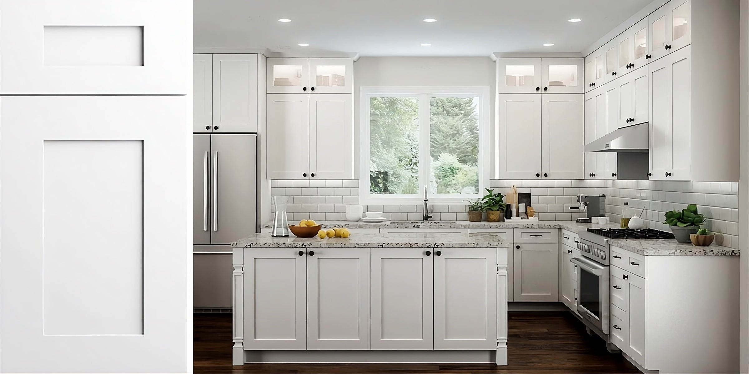 Modern white kitchen with stainless steel appliances and large window ( USA Cabinets Outlet )