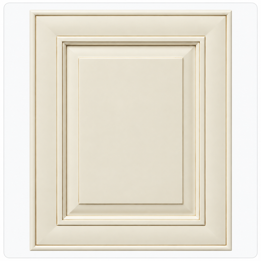 A single square panel cabinet door shown front-on against a plain white background. The door has a raised multi-tiered border design and is finished in a warm off-white/cream tone.