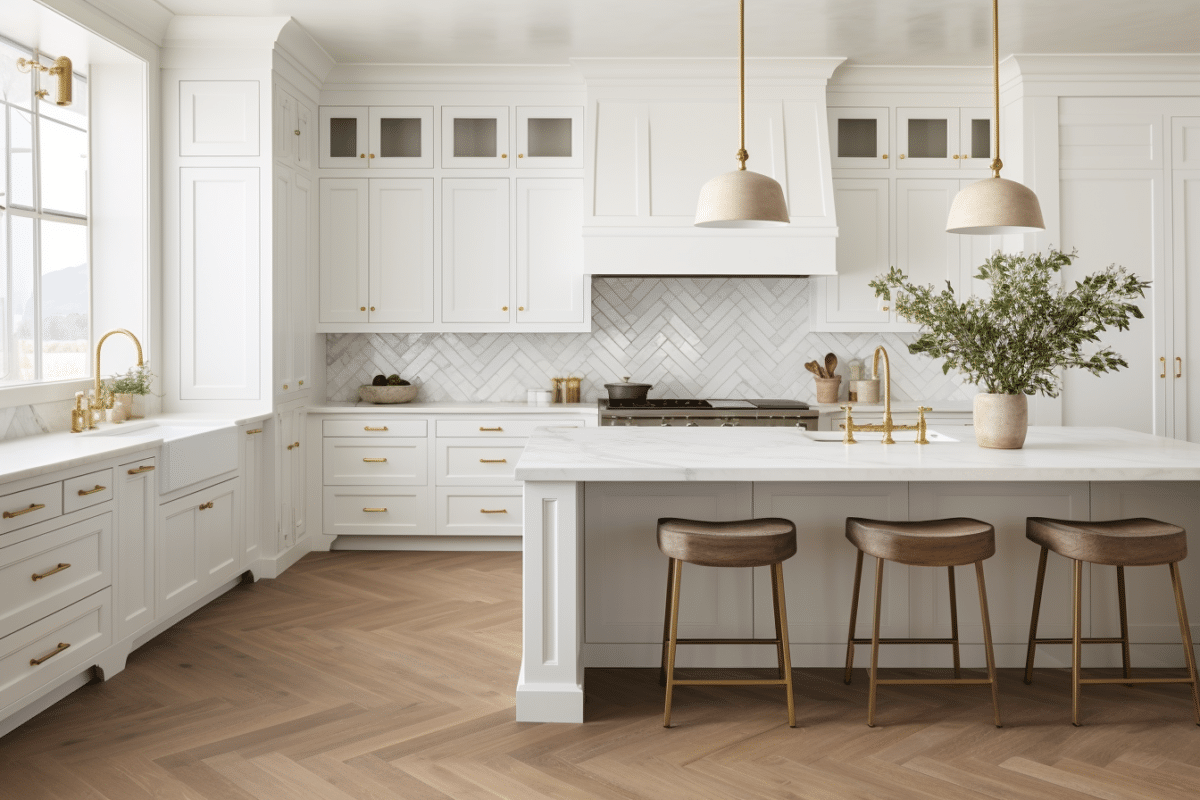 Modern kitchen with white cabinetry, marble countertops, and wooden flooring. ( USA Cabinets Outlet )