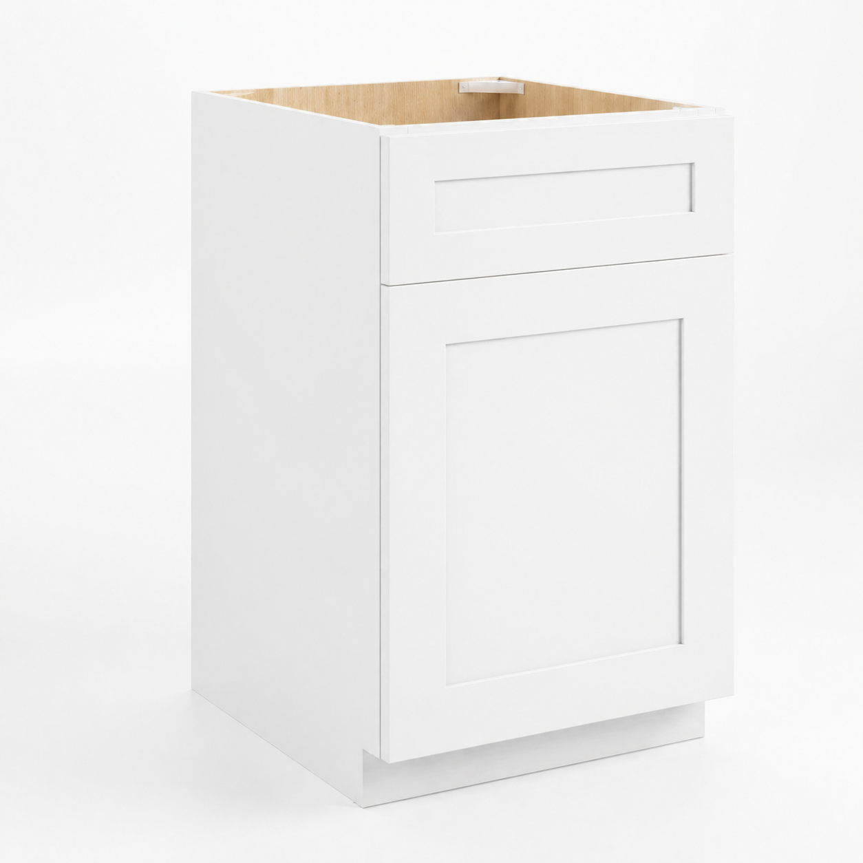 White cabinet with a wooden top on a white background ( USA Cabinets Outlet )