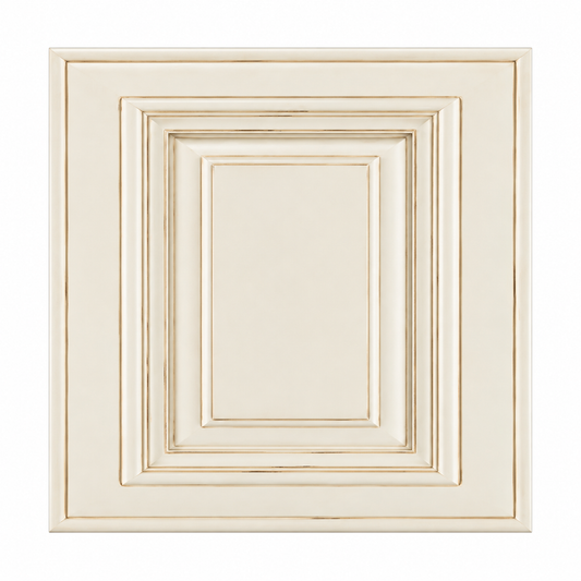 White Charleston Shaker cabinet door sample with raised decorative trim, recessed center panel, and antique white finish – USA Cabinets Outlet.