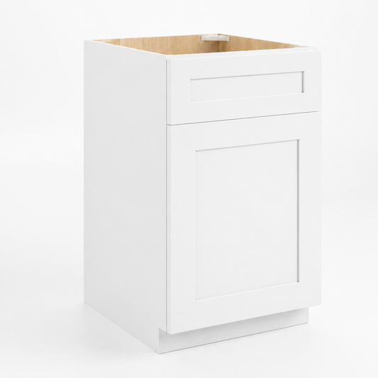 White cabinet with a wooden top on a white background ( USA Cabinets Outlet )